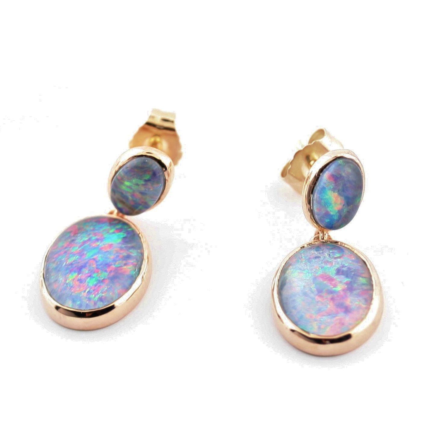 Double Triplet Fire Opal Drop Earrings 14K Rose Gold - Thenetjeweler