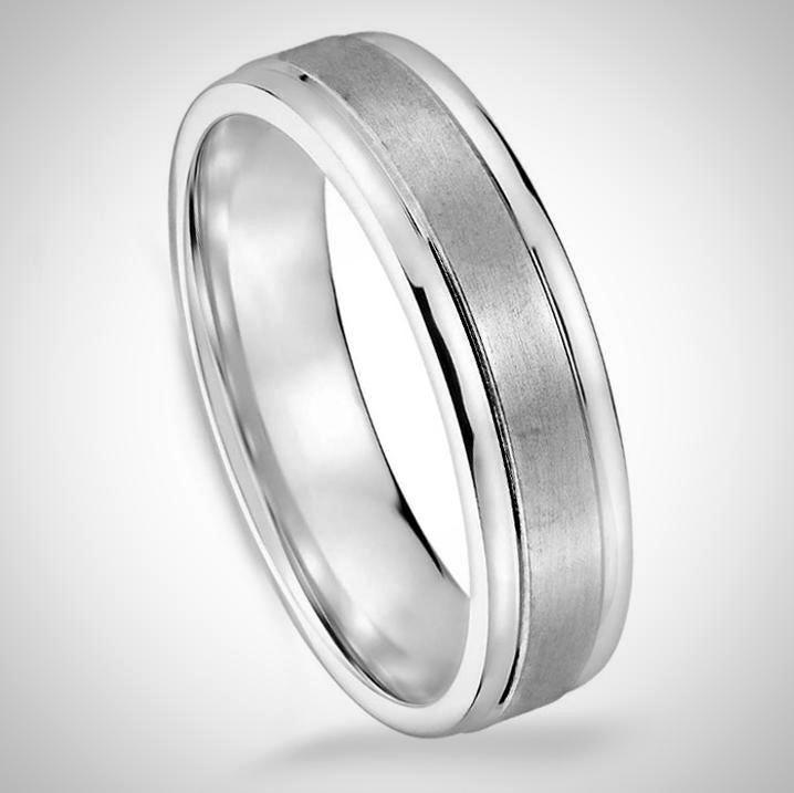 Wedding Ring Comfort Fit Brushed Center Mens Band 14k White Gold 6 mm - Thenetjeweler