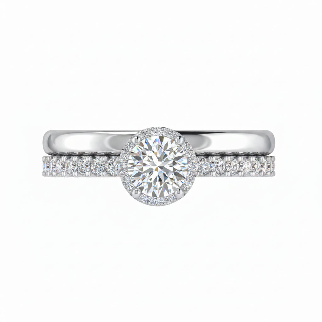 Round Diamond Halo Engagement Ring and Wedding Band - Thenetjeweler