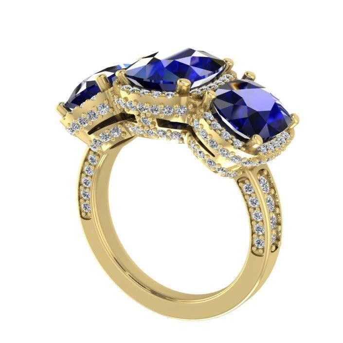 Sapphire and Diamond Halo Three Stone Ring - Thenetjeweler