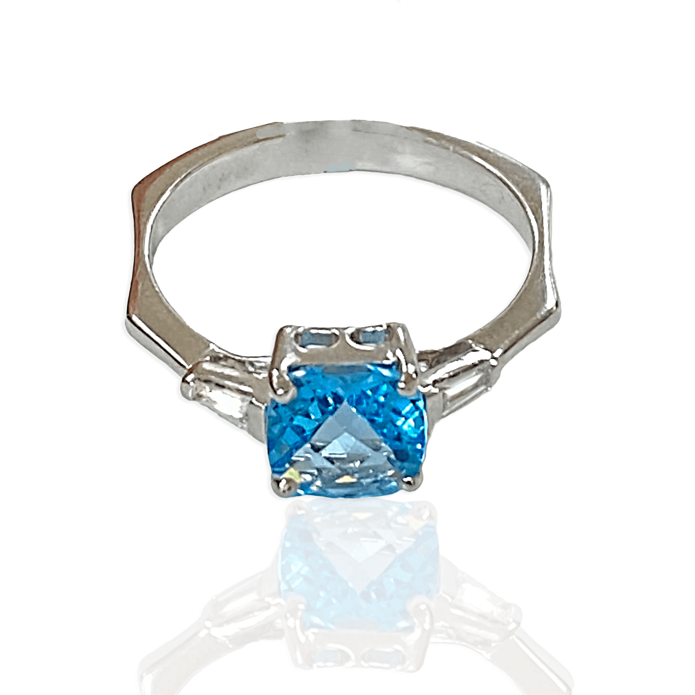 Cushion Blue Topaz and Diamond Baguette Ring - Thenetjeweler