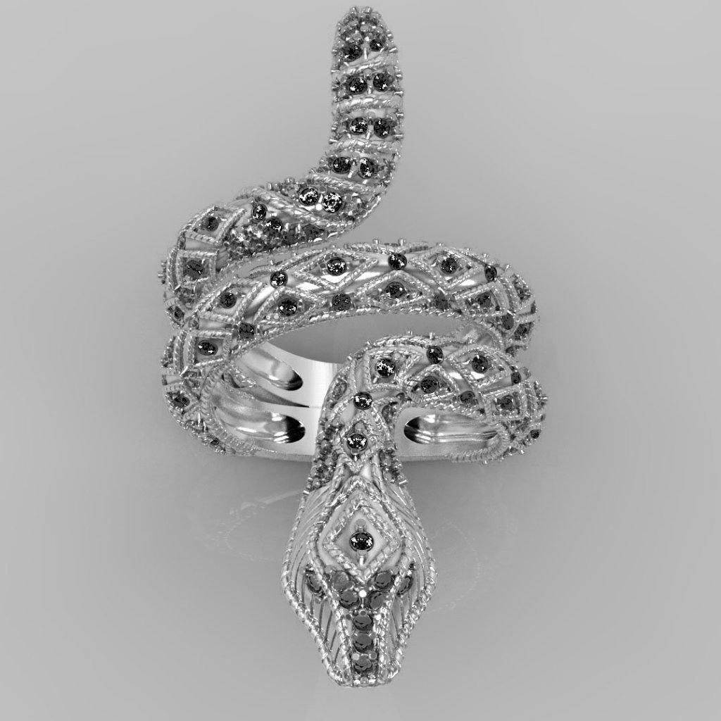 Black Diamond Snake Ring 14K White Gold - Thenetjeweler