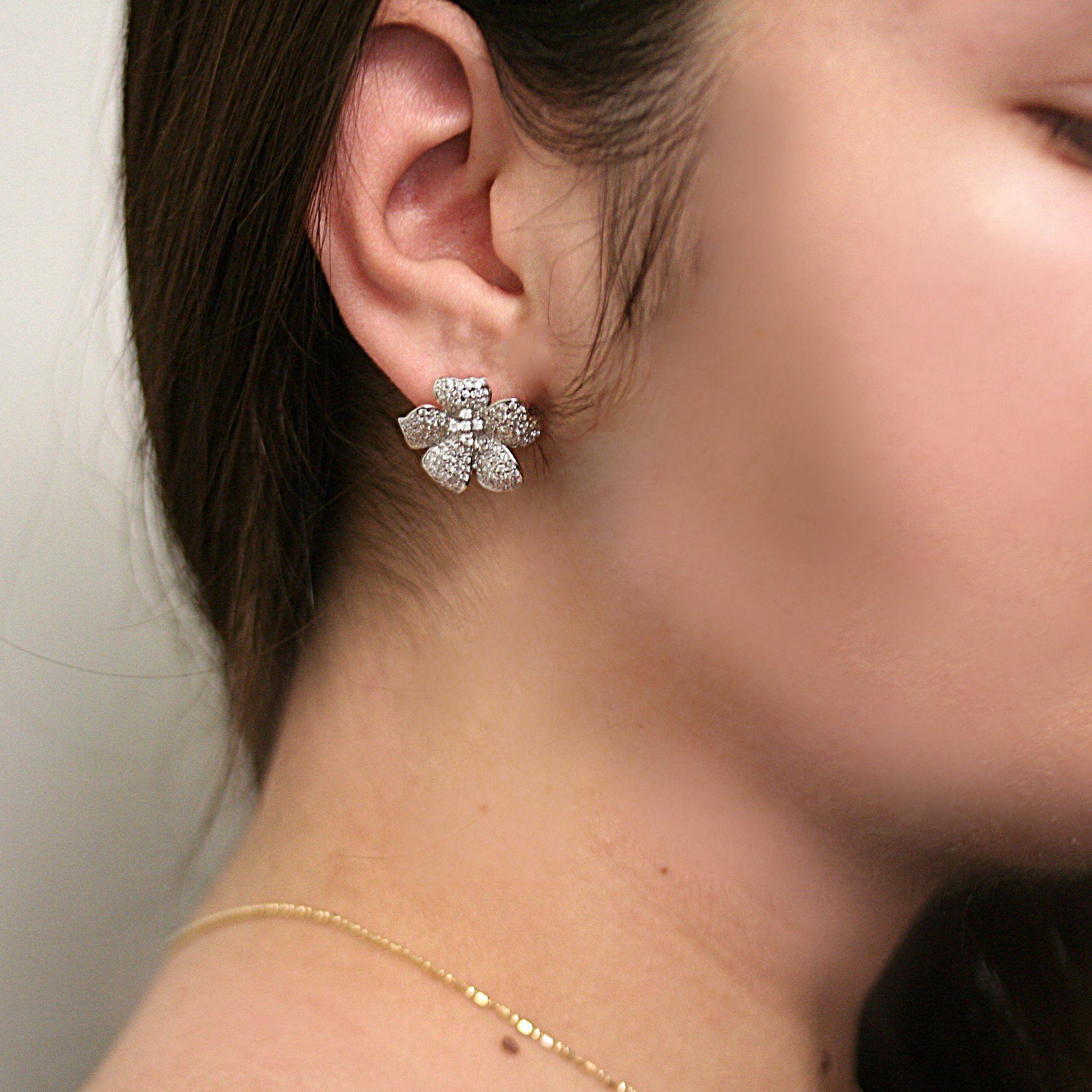 Diamond Flower Stud Earrings 18K White Gold Screw Back - Thenetjeweler