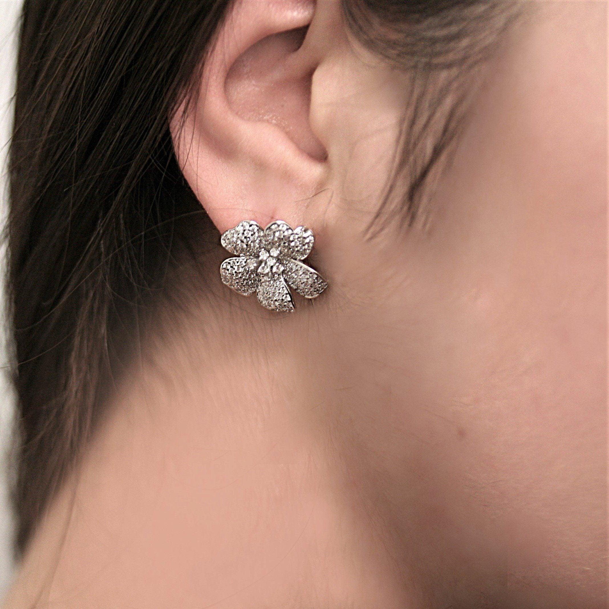 Diamond Flower Stud Earrings 18K White Gold Screw Back - Thenetjeweler