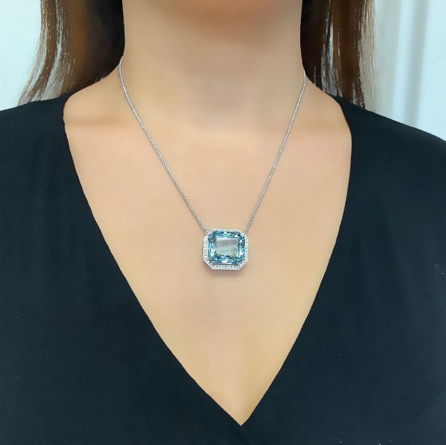 Aquamarine Emerald Cut Diamond Halo Necklace - Thenetjeweler