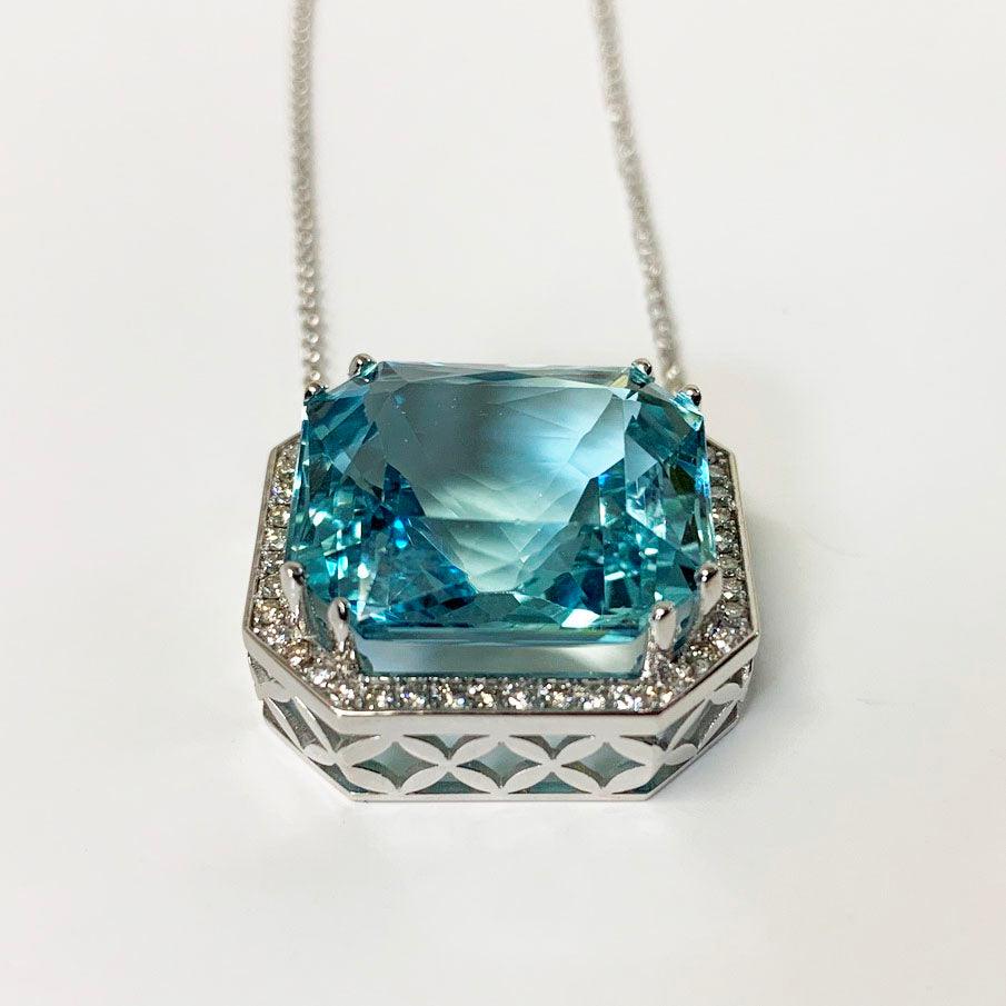 Aquamarine Emerald Cut Diamond Halo Necklace - Thenetjeweler