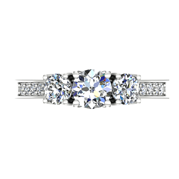 Round Three Stone Engagement Ring with Side Stones 18K White Gold - Thenetjeweler