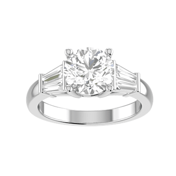 Round Diamond with Tapered Baguette Side Stones Engagement Ring 18K White Gold - Thenetjeweler