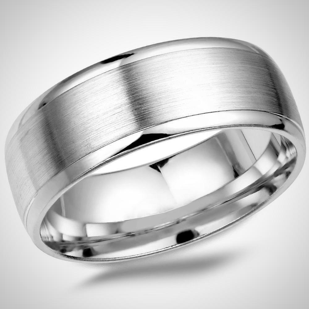 Brushed Center Comfort Fit Wedding Ring White Gold 14K Mens Band 8 mm - Thenetjeweler