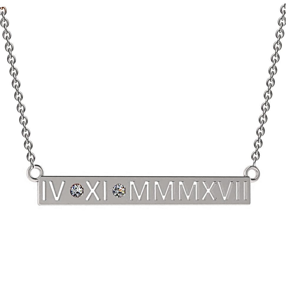 Personalized Diamond Roman Numerals Horizontal Bar Pendant Necklace 14K Gold - Thenetjeweler