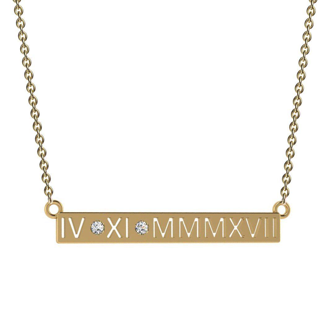 Personalized Diamond Roman Numerals Horizontal Bar Pendant Necklace 14K Gold - Thenetjeweler