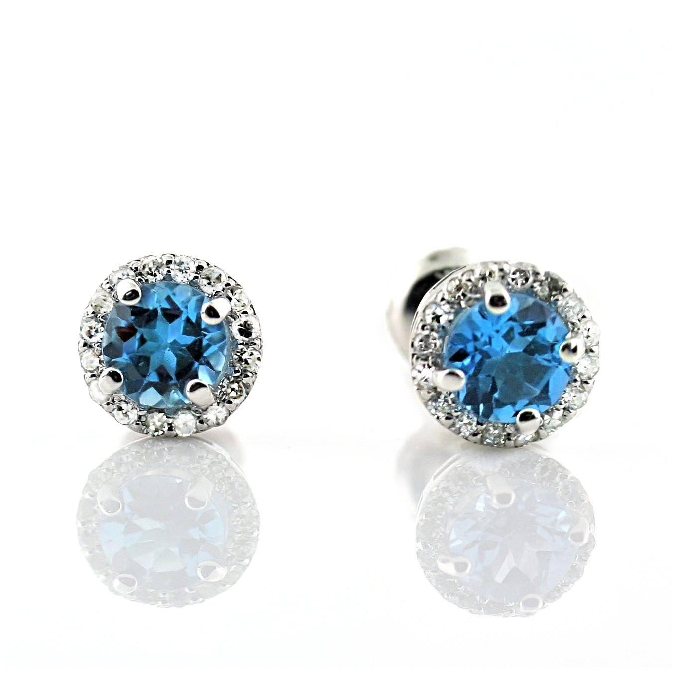 Topaz Diamond Halo Stud Earrings 18K White Gold 0.38 ct. t.w. - Thenetjeweler