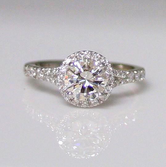 Round Cut Diamond Halo Engagement Ring Side Stones 18K Super White Gold Mounting - Thenetjeweler