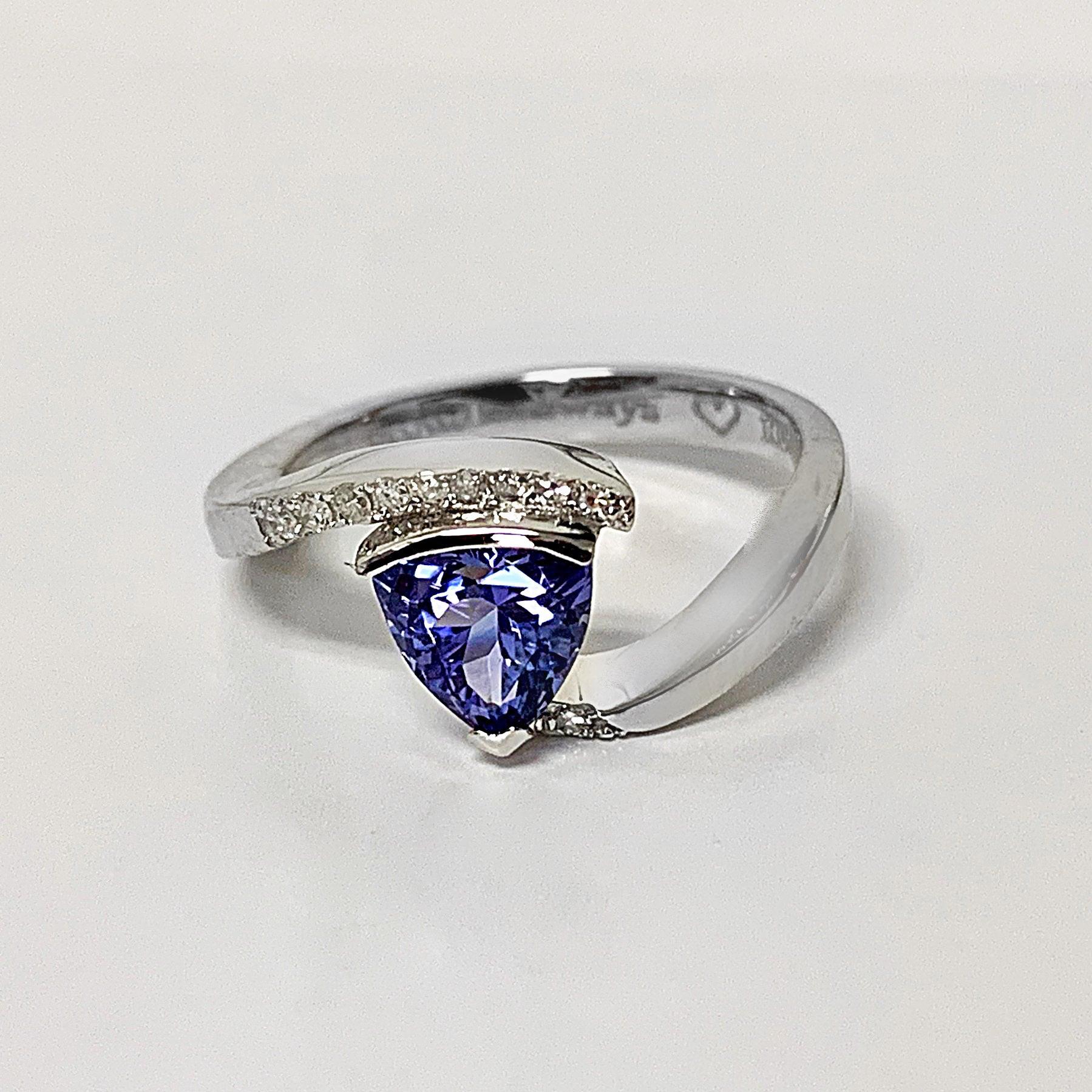 Trillion Cut Tanzanite and Diamond Ring 14K White Gold - Thenetjeweler
