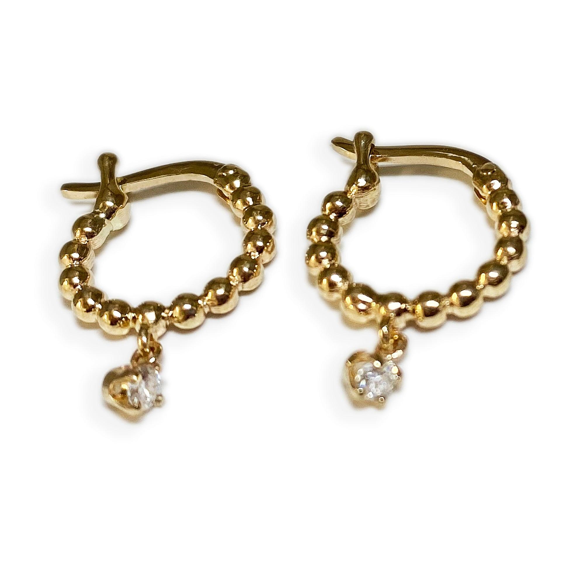 14K Gold Diamond Round Hoop Earrings with Dangling Diamonds - Thenetjeweler