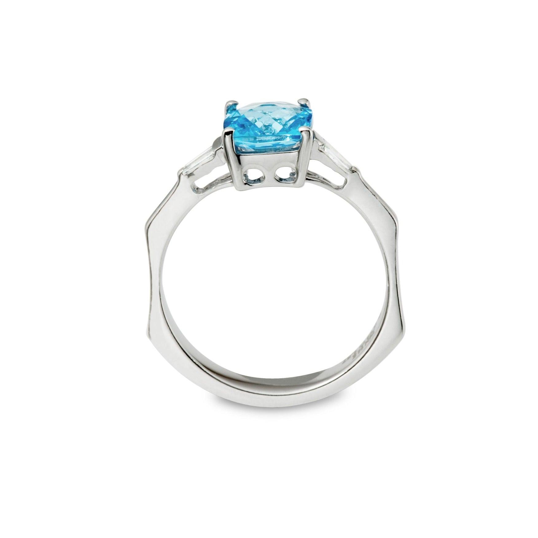 Cushion Blue Topaz and Diamond Baguette Ring - Thenetjeweler