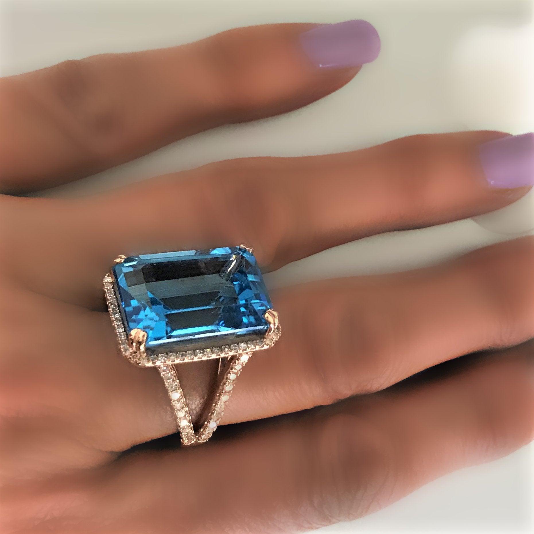 Blue Topaz Diamond halo ring 14K Pink Gold - Thenetjeweler