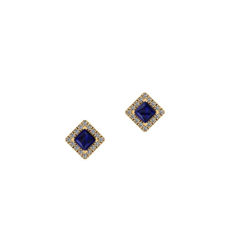 Square Blue Sapphire Stud Earrings with Diamond Halo - Thenetjeweler