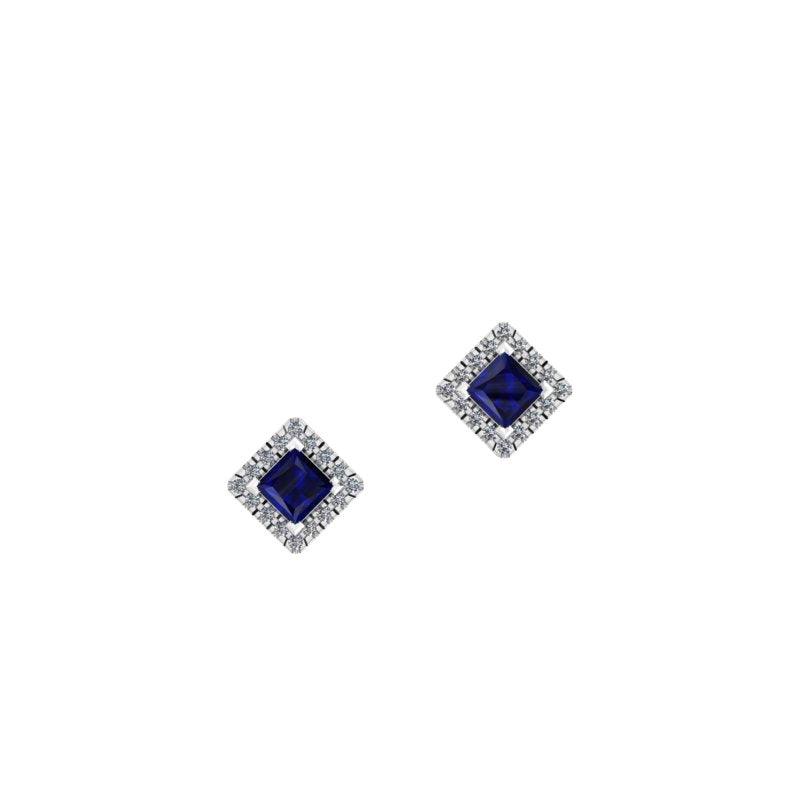 Square Blue Sapphire Stud Earrings with Diamond Halo - Thenetjeweler