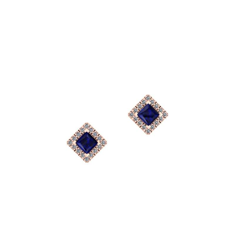 Square Blue Sapphire Stud Earrings with Diamond Halo - Thenetjeweler