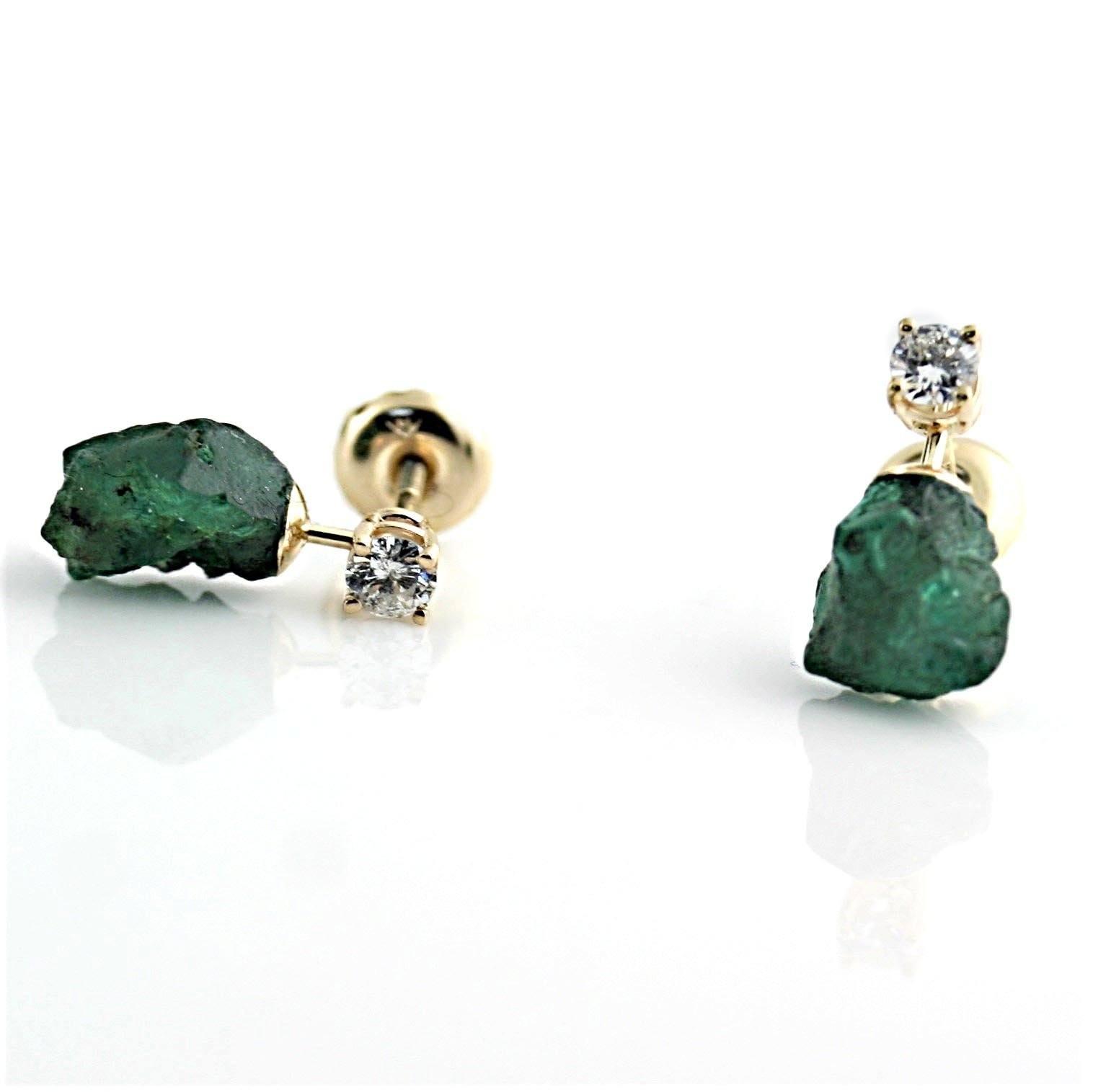 Rough Emerald and Diamond Stud Earrings 14K Yellow Gold - Thenetjeweler