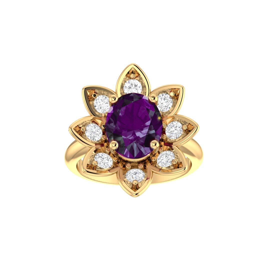 Amethyst and Diamonds Flower Ring 14K Yellow Gold - Thenetjeweler
