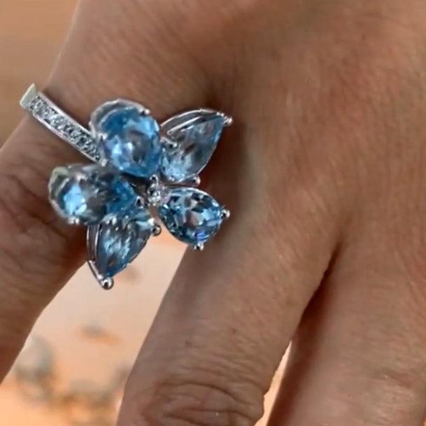 Blue Topaz Pear Flower Ring - Thenetjeweler
