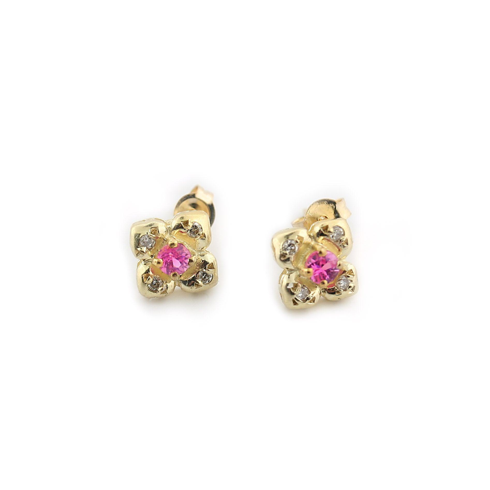Small Gold Flower Stud Earrings 10K Pink Stone - Thenetjeweler