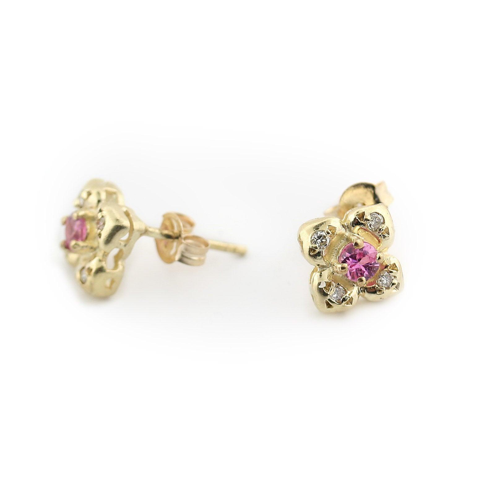Small Gold Flower Stud Earrings 10K Pink Stone - Thenetjeweler