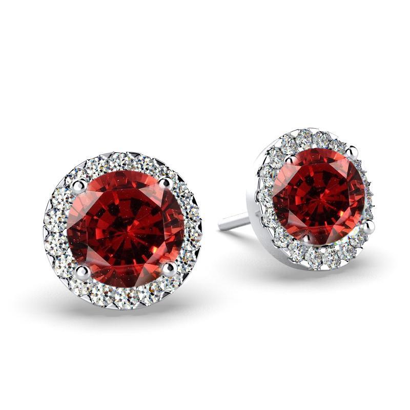 Diamond Garnet Halo Stud Earrings 18K White Gold Push Back - Thenetjeweler