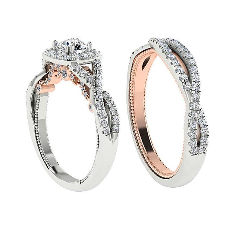Two Tone Round Diamond Halo Engagement Ring 18K White and Pink Gold - Thenetjeweler