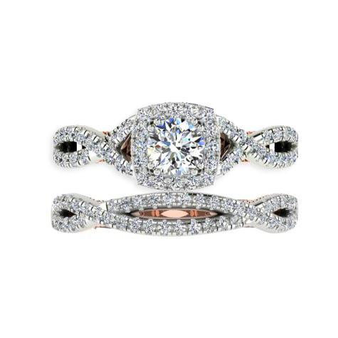 Two Tone Round Diamond Halo Engagement Ring 18K White and Pink Gold - Thenetjeweler