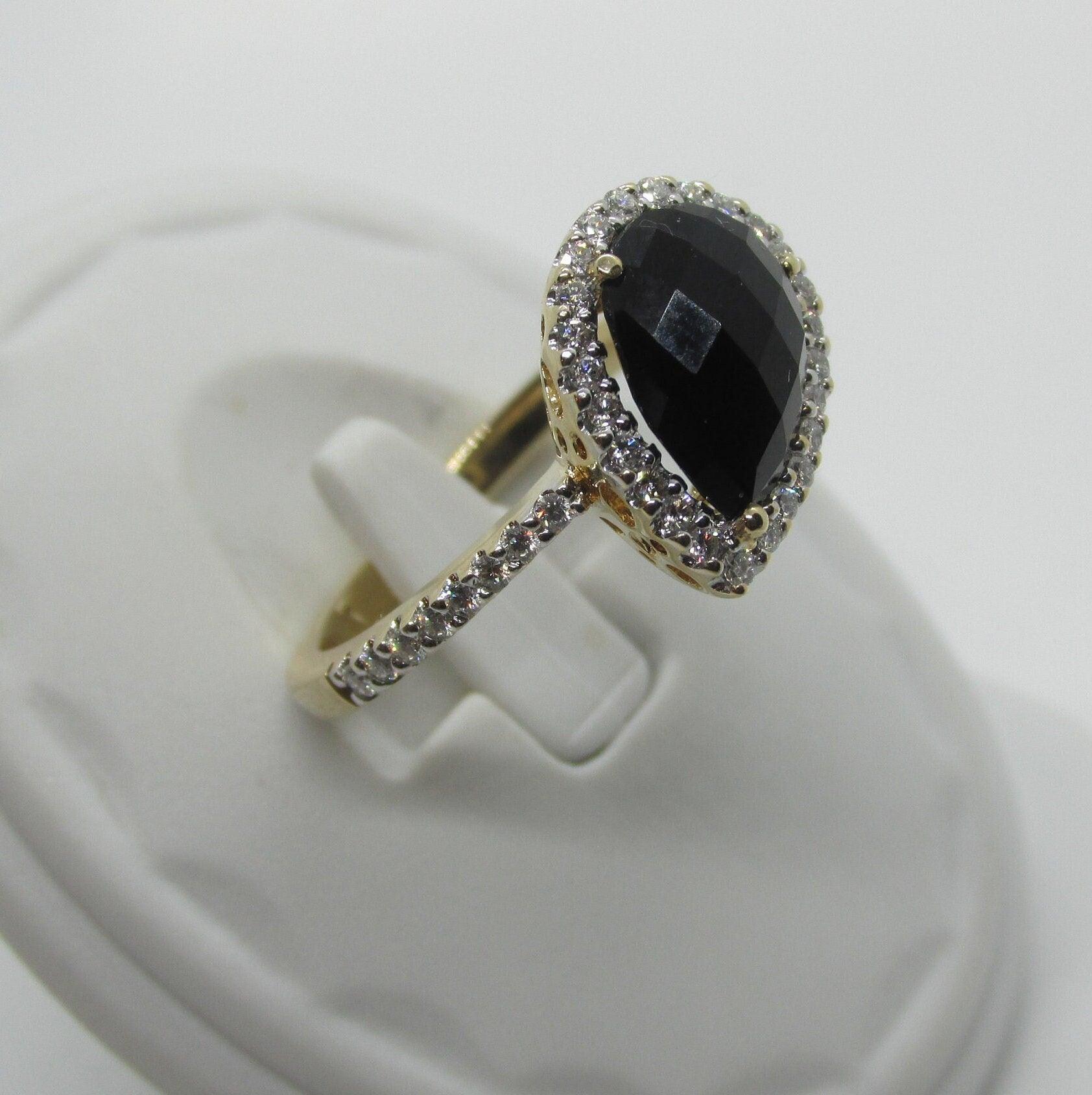 Pear shape Onyx Diamond Halo Ring 14K Yellow Gold - Thenetjeweler