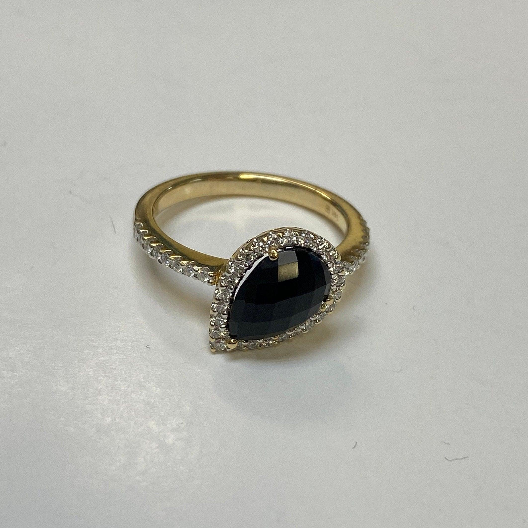 Pear shape Onyx Diamond Halo Ring 14K Yellow Gold - Thenetjeweler