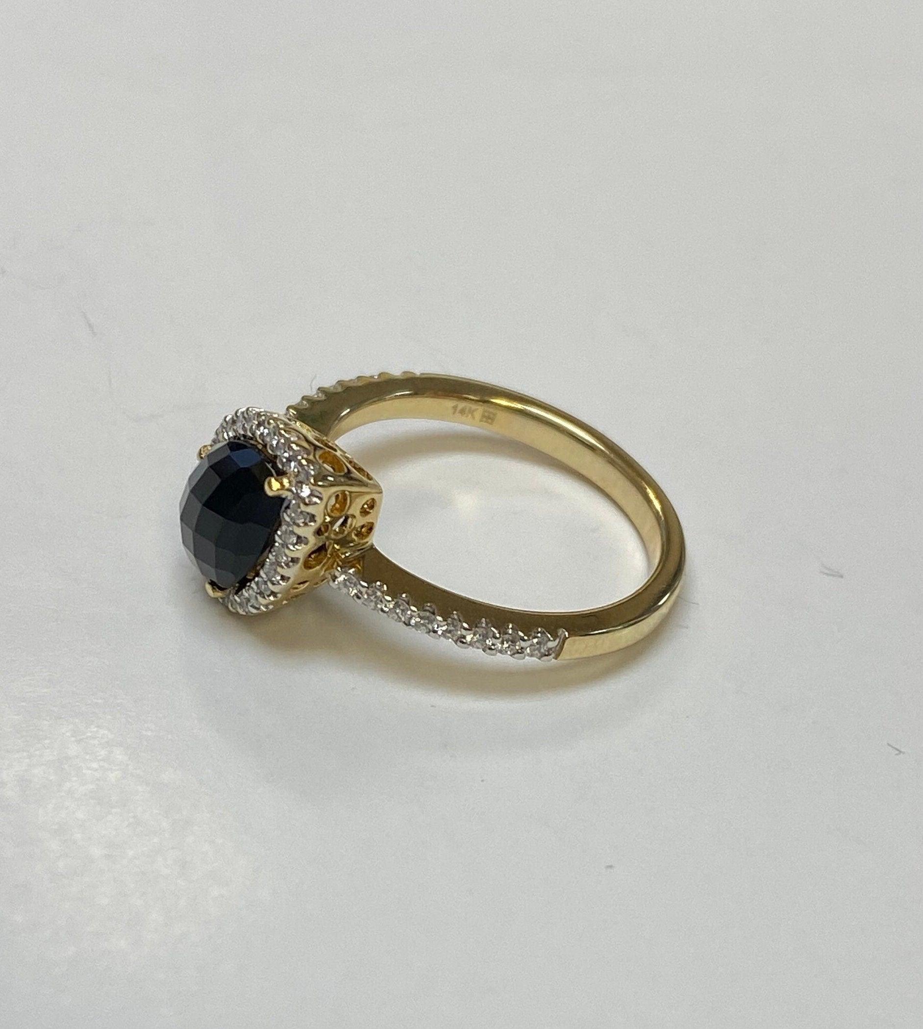 Pear shape Onyx Diamond Halo Ring 14K Yellow Gold - Thenetjeweler