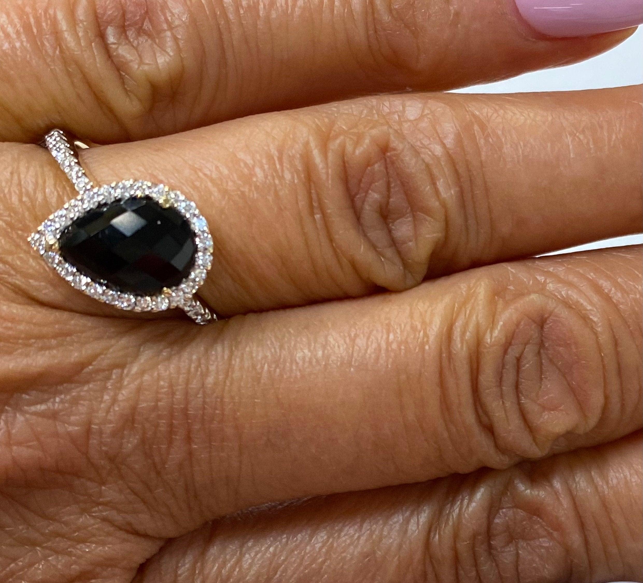 Pear shape Onyx Diamond Halo Ring 14K Yellow Gold - Thenetjeweler
