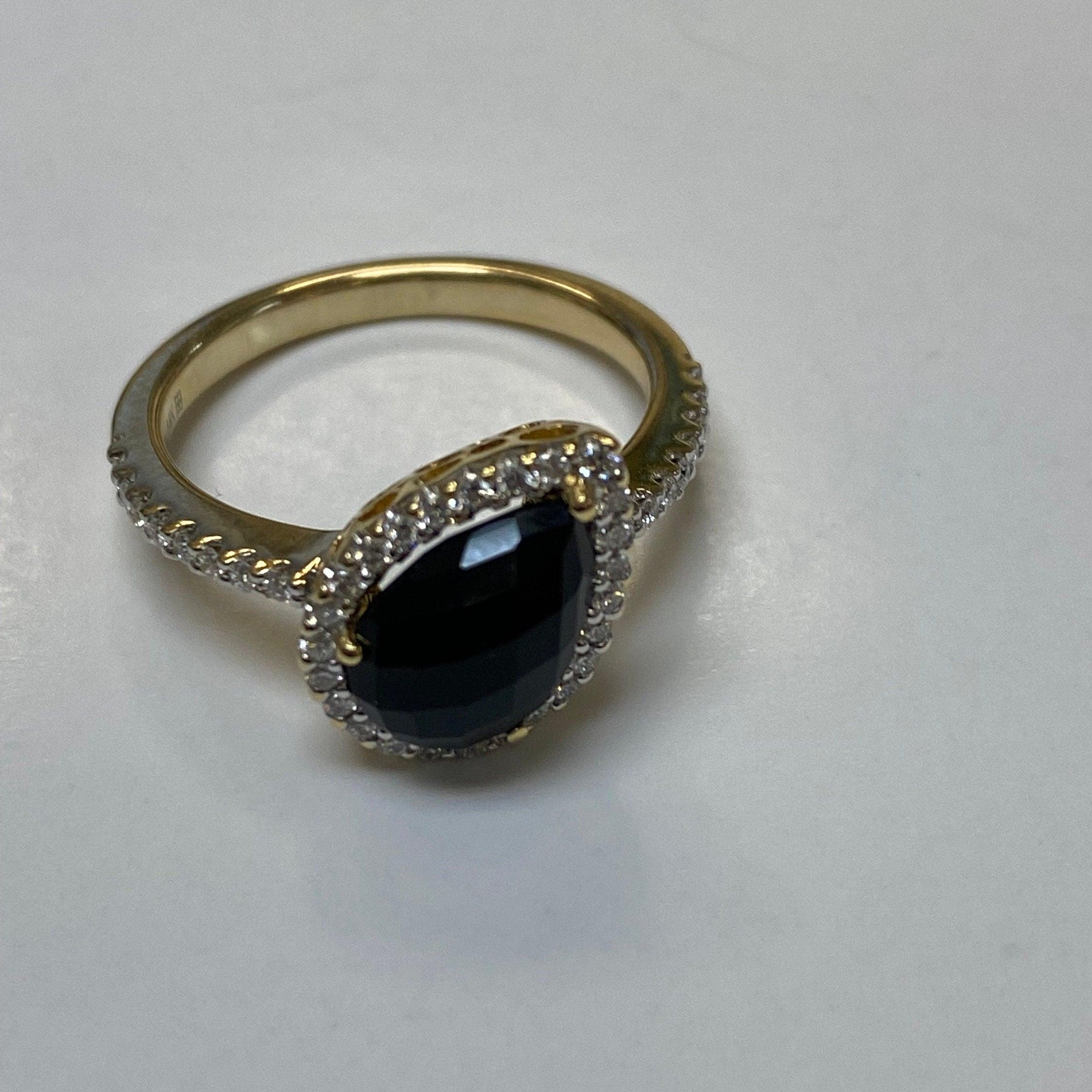 Pear shape Onyx Diamond Halo Ring 14K Yellow Gold - Thenetjeweler