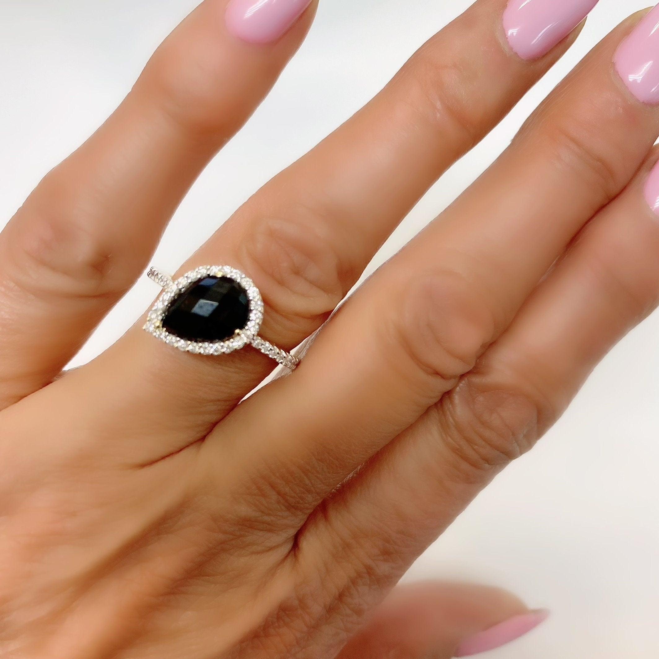 Pear shape Onyx Diamond Halo Ring 14K Yellow Gold - Thenetjeweler