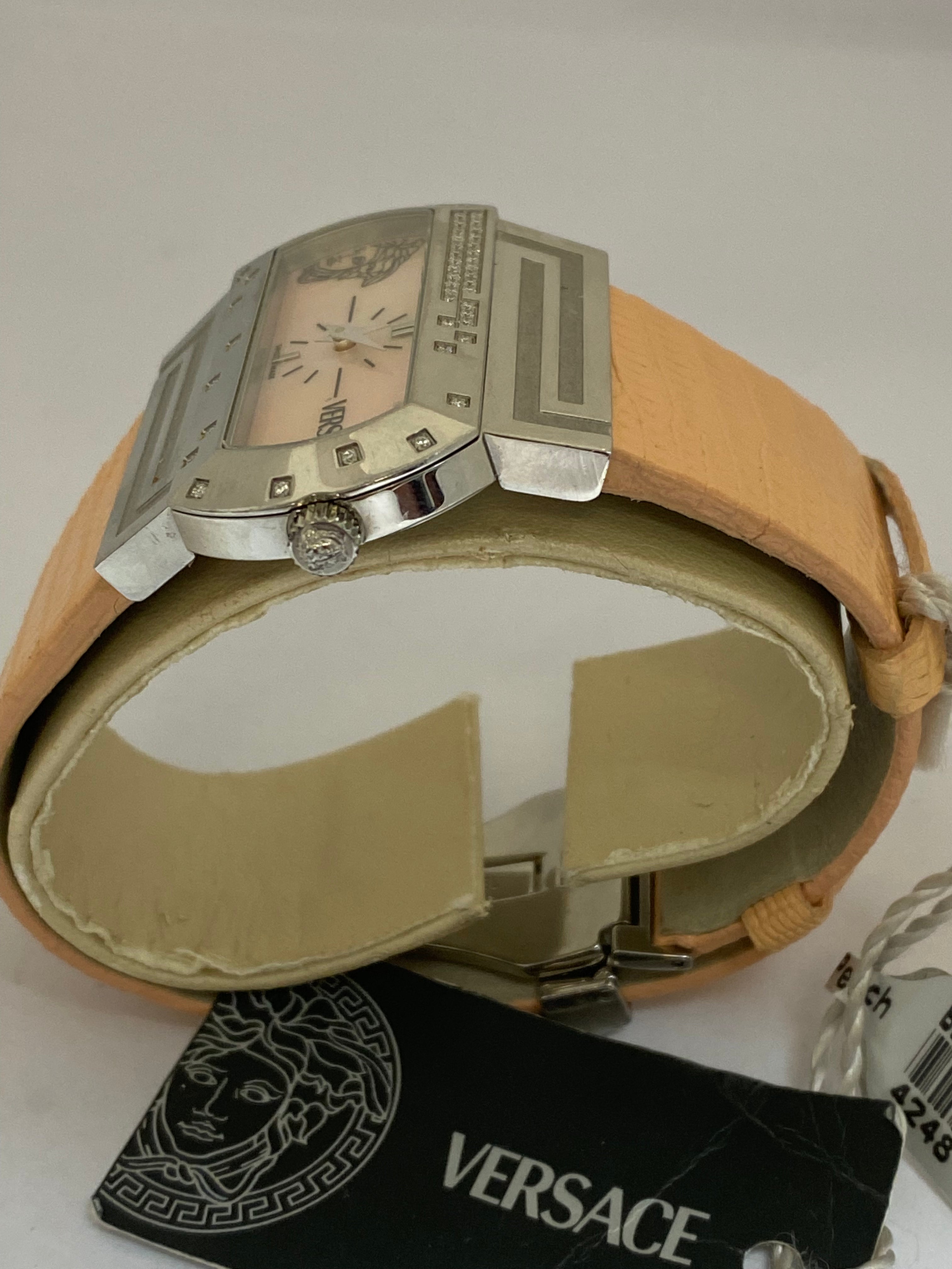 Ladies Diamond Watch PSQ91 VERSACE Hippodrome Stainless Steel Lizard Leather MOP - Thenetjeweler