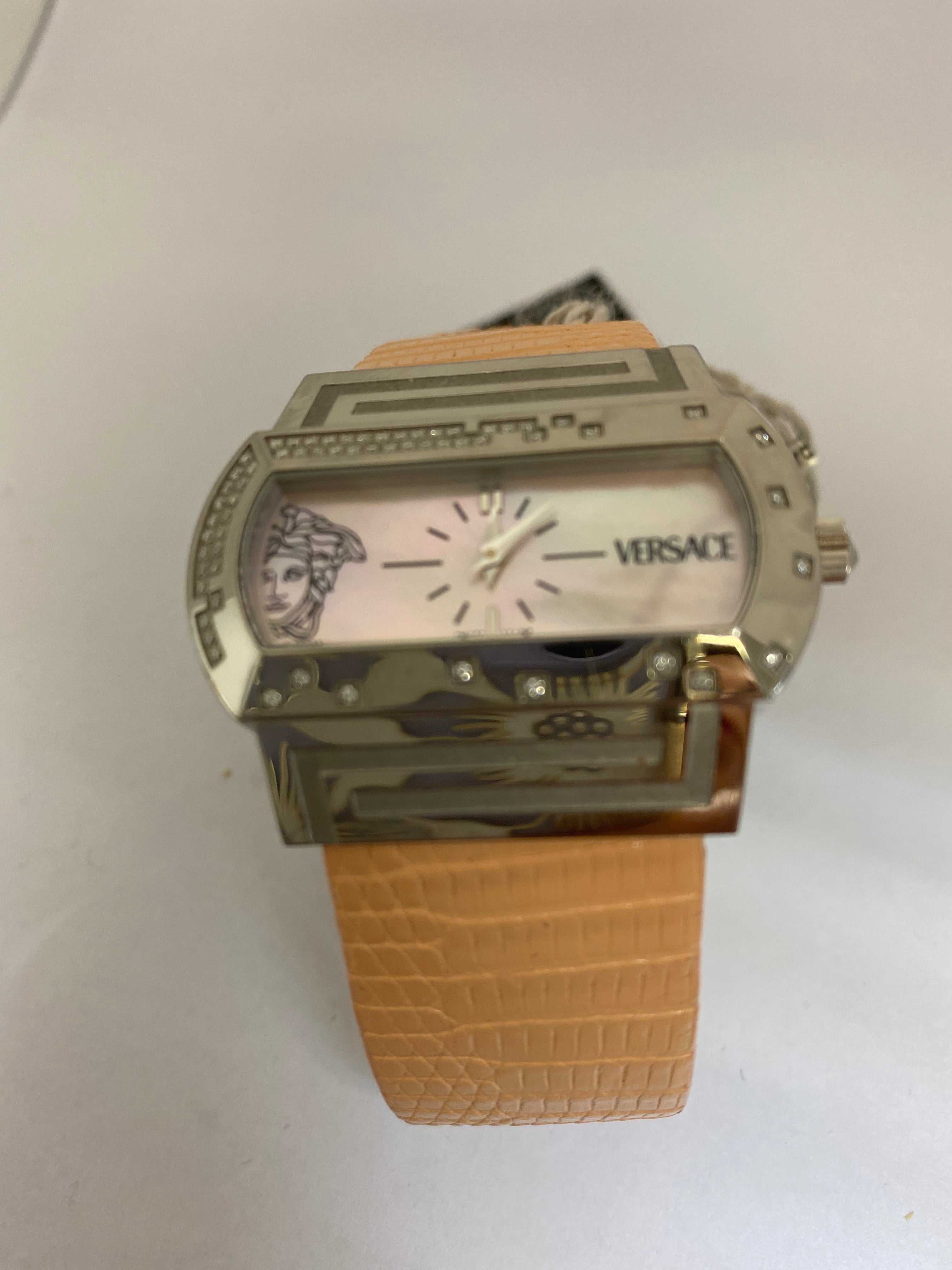 Ladies Diamond Watch PSQ91 VERSACE Hippodrome Stainless Steel Lizard Leather MOP - Thenetjeweler