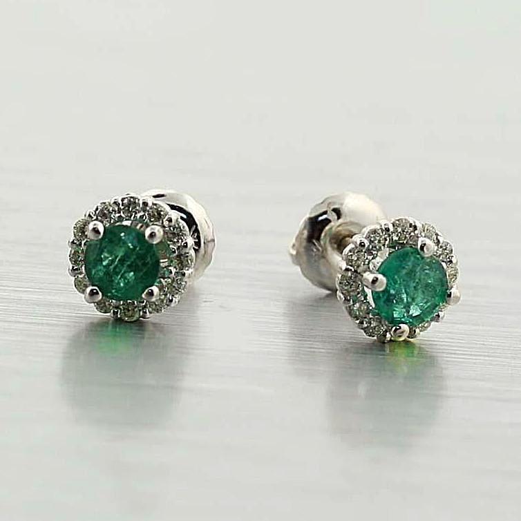 Emerald Diamond Halo Stud Earrings 18K White Gold - Thenetjeweler