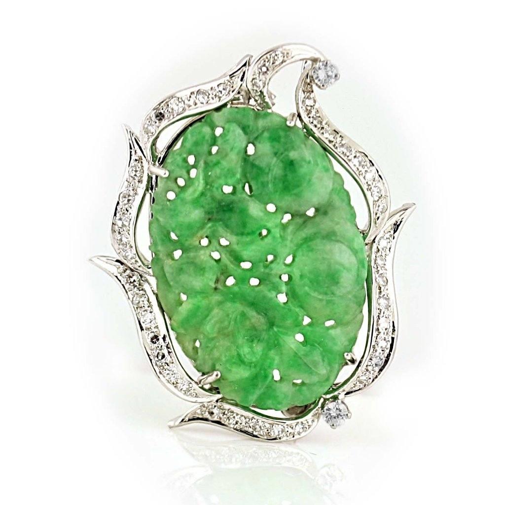 Art Deco Carved Jade and Diamond Brooch - Thenetjeweler
