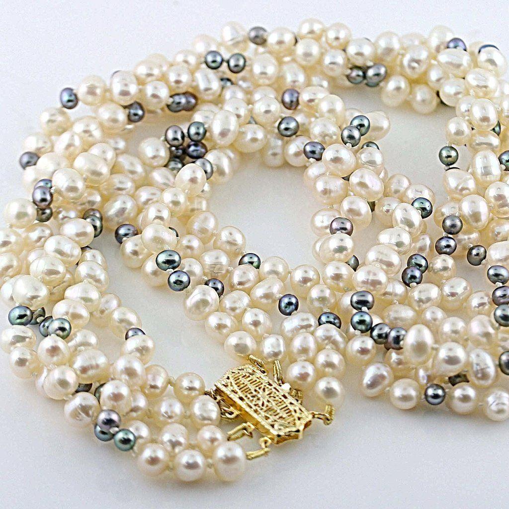 Multi Strand Freshwater Pearl Necklace 14K Gold Clasp - Necklace