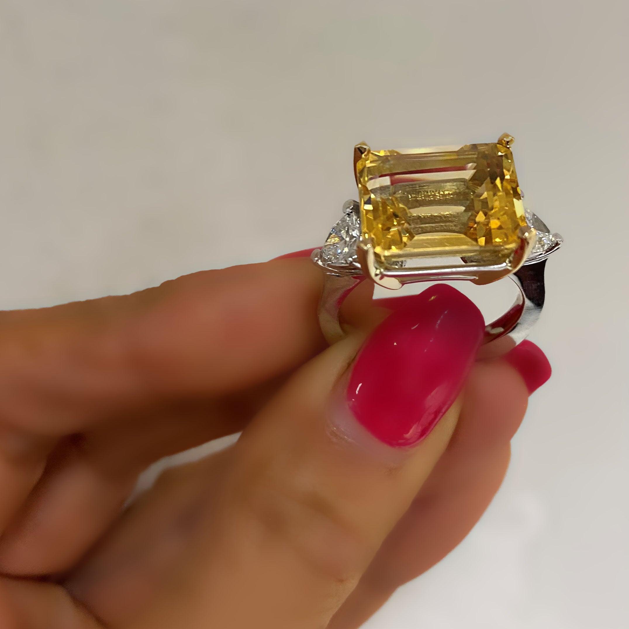 East-West Emerald-Cut Citrine Cocktail Ring with Diamonds - Thenetjeweler