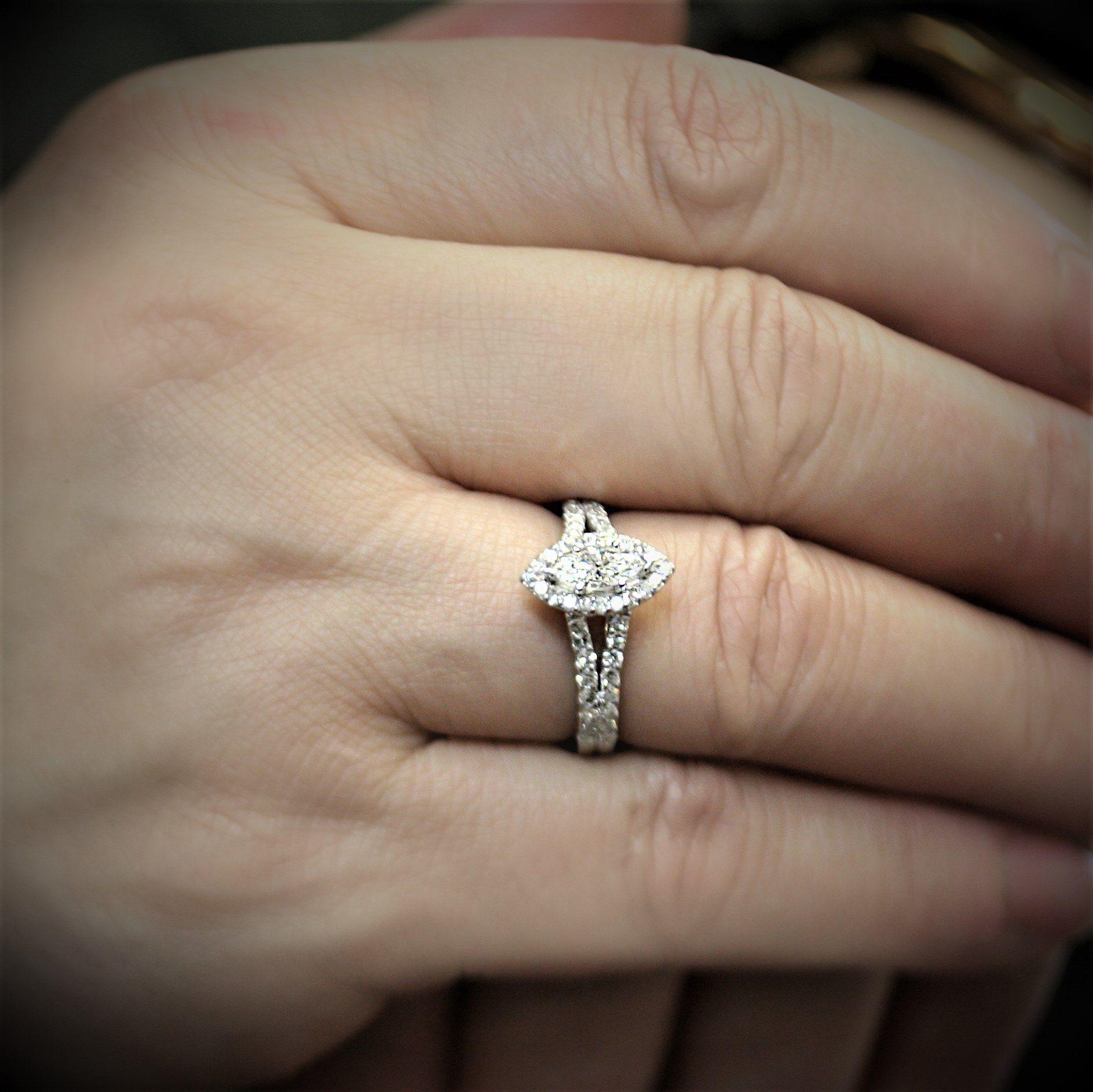 Marquise Halo Diamond Split Shank Engagement Ring 18K Gold - Thenetjeweler