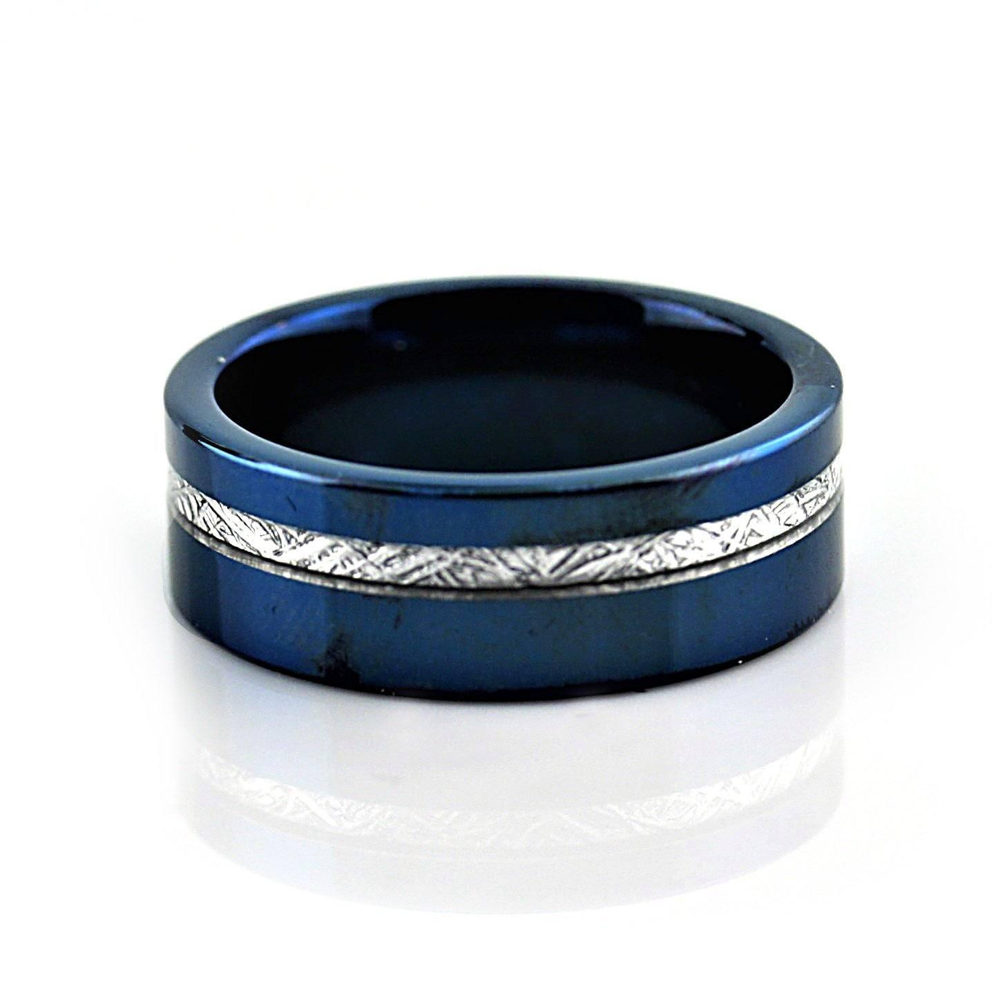 Blue Tungsten Ring with Meteorite Inlay Wedding Band for Man or Woman Unisex - Thenetjeweler