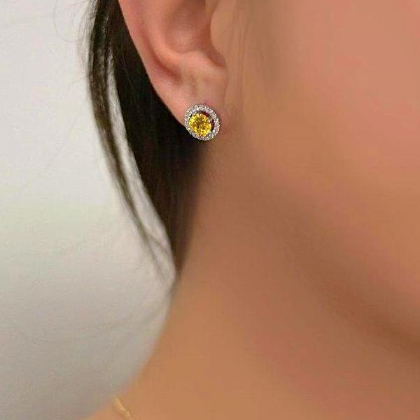 Diamond Halo Citrine Stud Earrings in 18K White Gold Screw Back - Thenetjeweler
