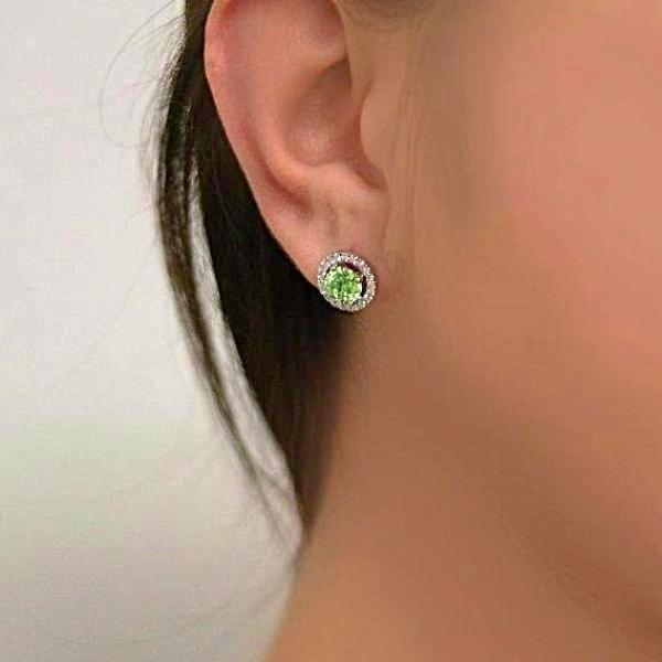 Diamond Halo Peridot Stud Earrings in 18K White Gold Screw Back Butterflies - Thenetjeweler