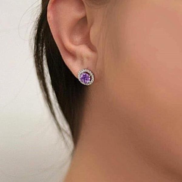 Diamond Halo Amethyst Stud Earrings in 18K White Gold Screw Back Butterflies - Thenetjeweler