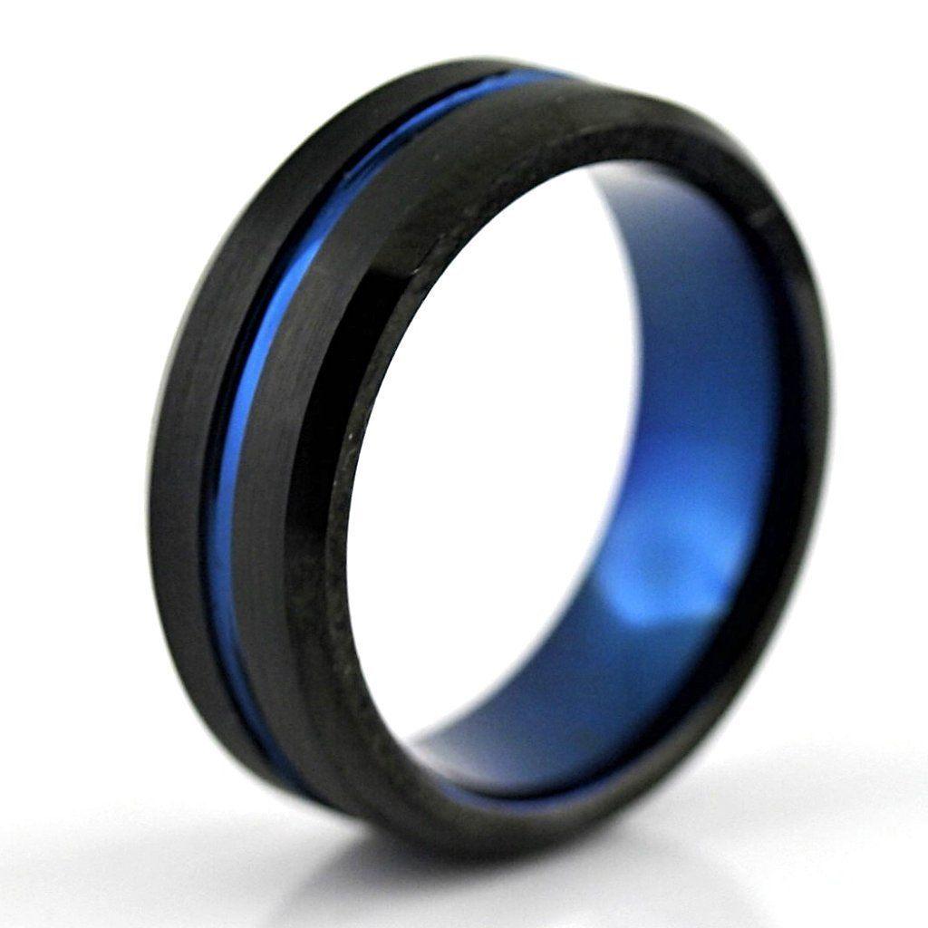 Black Tungsten Ring with Blue Inlay - Thenetjeweler
